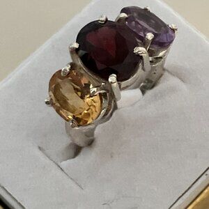 Garnet, Citrine, and Amethyst 925 Sterling Silver Ring Size 6.5